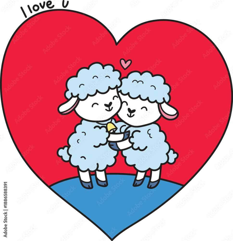Fototapeta premium Love card with cute sheets or lambs. Heart illustration.