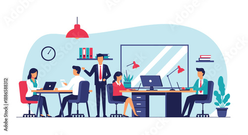 Corporate Team Collaboration. Manager Leading Office Meeting and Discussing Strategy. Vector Illustration of Workplace Productivity and Business Planning.