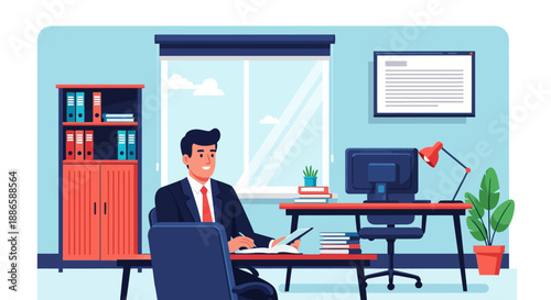 Smiling Professional Businessman Working at Modern Office Desk. Flat Vector Illustration of Executive Planning or Administration Tasks.