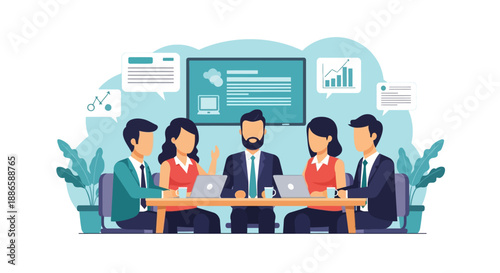 Business Team Meeting and Strategy Discussion. Corporate Professionals Collaborating and Analyzing Data in a Modern Office Flat Vector Illustration.