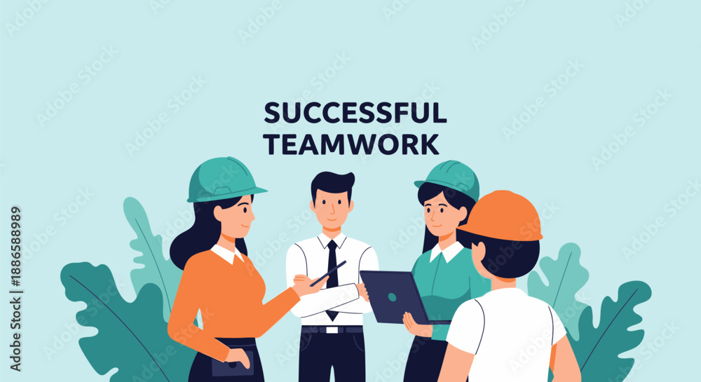Naklejka premium Successful Teamwork in Engineering and Construction. Diverse Professional Group Meeting and Collaborating on a Project Plan, Wearing Hard Hats.