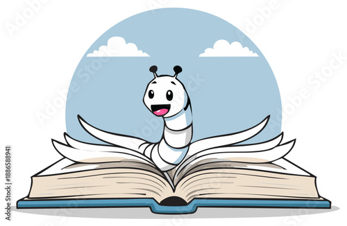 Cute cartoon bookworm character emerging from an open book with a sky background