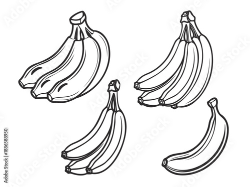 Vector images of banana silhouettes, one banana, bunch of bananas illustrating healthy fruit options for nutritious snacks, banana outline, fruit coloring element