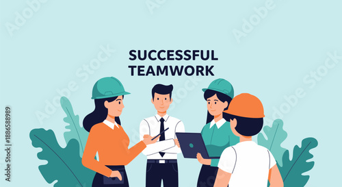 Successful Teamwork in Engineering and Construction. Diverse Professional Group Meeting and Collaborating on a Project Plan, Wearing Hard Hats.