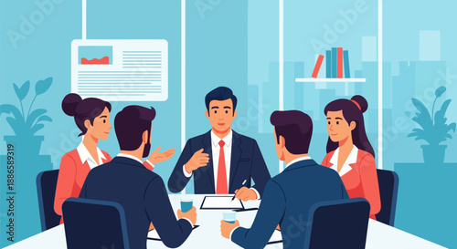 Professional Business Team Meeting in Modern Office Environment: Collaborative Discussion, Leadership, and Strategy Session. Flat Vector Illustration.