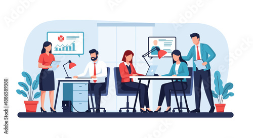 Business Team Collaboration in Modern Office. Corporate Workflow, Data Analysis, and Strategic Meeting. Vector Illustration of Professionals Working Together.