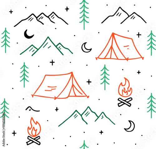 Seamless Camping Pattern with Tents, Campfires, Mountains, Pine Trees, Moons & Stars – Perfect for Outdoor Adventure Fabrics, Wallpapers & Creative Designs