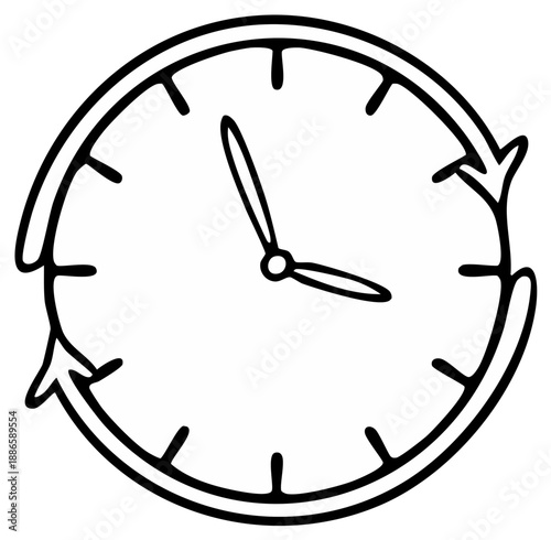 Circular clock face with hour markers and arrow indicating continuous movement