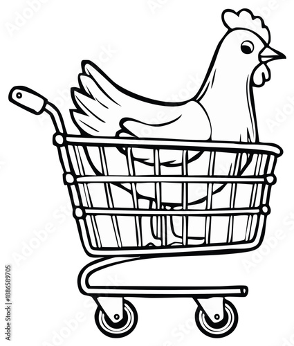 Farm chicken sits inside a shopping cart in a playful cartoon drawing style