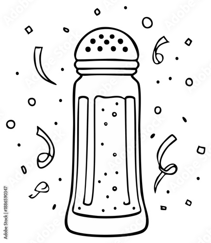 Whimsical salt shaker dispensing confetti and circles, a playful hand-drawn celebration illustration