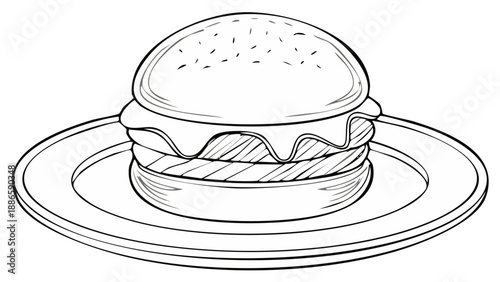 Classic cheeseburger with melted cheese on a plate line art illustration for coloring
