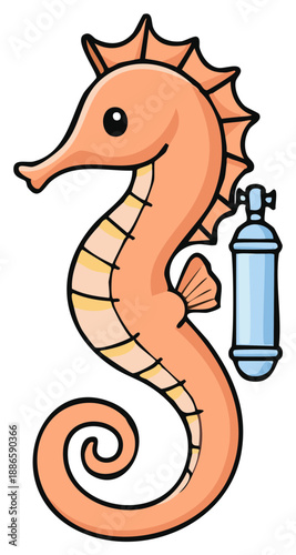 Adorable orange cartoon seahorse carrying a blue scuba tank, playful marine life vector art