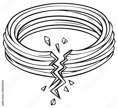 Broken ring with cracks and fragments depicts weakness, fragility and failure of a group of objects, symbolizing rupture and destruction, and the concept of collapse.