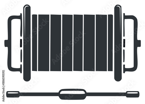 Dark grey industrial reel with handle used for winding or storing cable, wire or rope