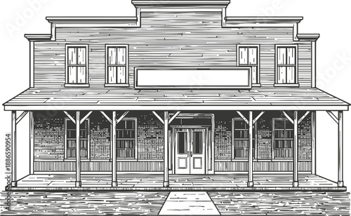 Old western saloon building facade with wooden porch and vintage architectural details