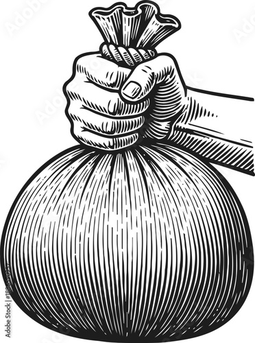 Hand gripping tightly a tied money bag full of cash and valuables in vintage engraving