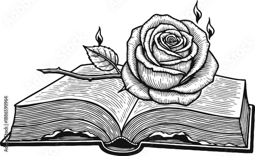 Open book with detailed blooming rose and small flames, vintage line art drawing illustration