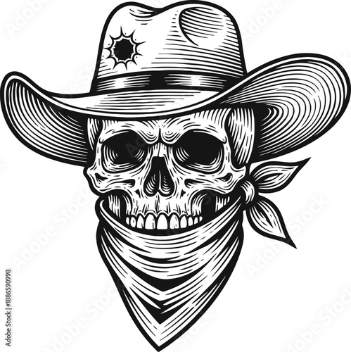Skull wearing cowboy hat and bandana western outlaw skeleton with detailed line art and sun symbol design