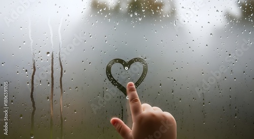 Hand drawing heart shape on wet window glass on rainy day outdoors