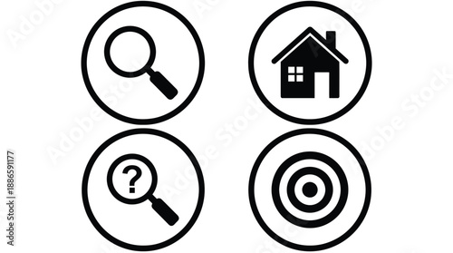 Black and white of magnifying glass house and target