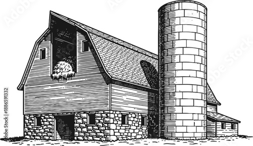 Vintage barn with stone foundation and tall cylindrical silo in detailed black and white drawing