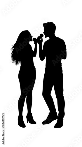 Silhouette of man and woman singing into microphones duet performance isolated on white background vector illustration minimal style