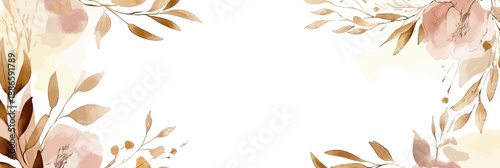 Minimalist watercolor white and gold floral wreath frame with delicate leaves and soft blush pink flowers for wedding invitation background design and elegant stationery