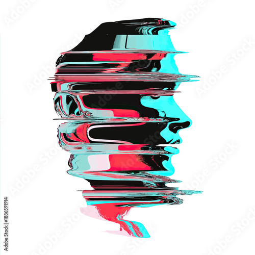 Distorted digital glitch profile of human face with 3D anaglyph effect in abstract minimalist vector style isolated on white background