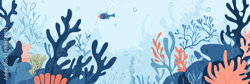 Underwater coral reef ecosystem with colorful marine plants and fish in flat minimalist vector style panoramic ocean landscape background