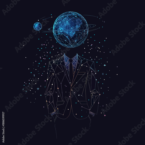 Abstract vector illustration of faceless businessman in suit with planet head, cosmic starry sky and network lines in futuristic digital style for business and technology concepts