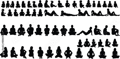 Children sitting and lying silhouettes in black and white illustration showing various body postures, yoga and relaxation poses, childhood activity collection for character design concepts