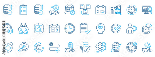 Time Management Icon Set. Contains Icons That Are Relevant For Business. Designed In Vector Outline Color Style