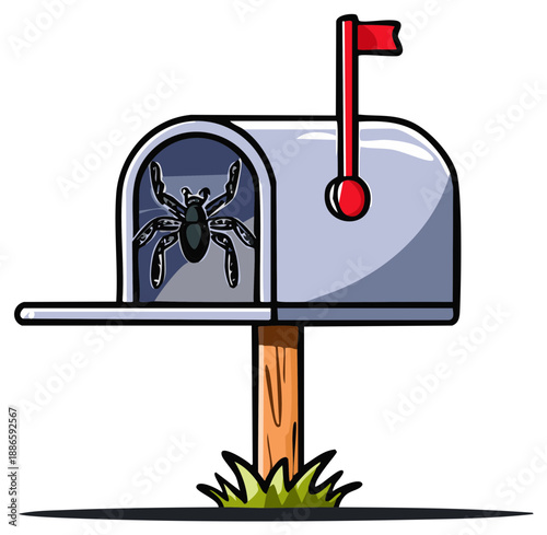 Surprising spider discovery inside an open metal mailbox with a red mail flag