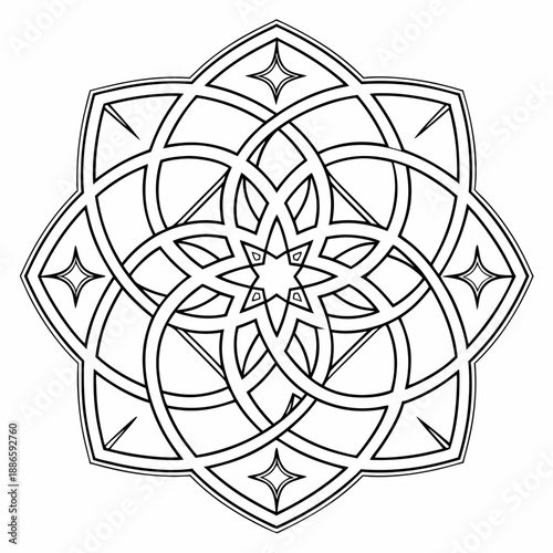 Intricate black and white geometric mandala pattern with interwoven lines and star elements