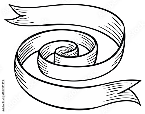 Elegant swirl ribbon banner element featuring a hand-drawn style in black and white, evoking classic artistry and vintage charm