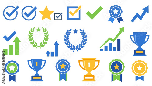 Collection of Achievement Icons Featuring Trophies, Stars, and Graphs