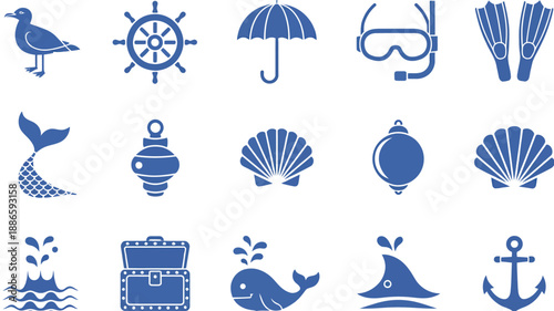 Blue nautical including bird sea creatures beach and ocean symbols
