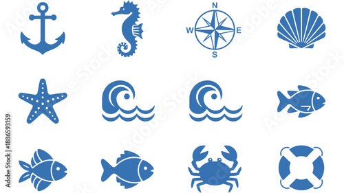 Blue nautical white anchor seahorse