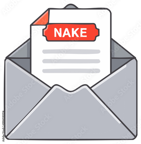 Cartoon email with important message, document with redacted text inside