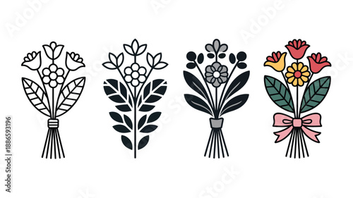 Bouquets of flowers in different styles and colors black white