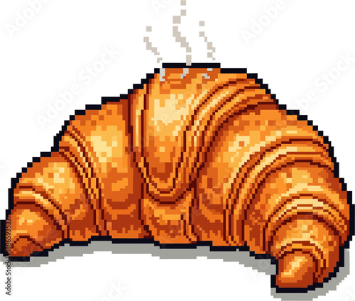 Pixel art croissant, warm and steaming, with a golden-brown, flaky texture. A charming retro illustration perfect for breakfast themes or vintage digital designs