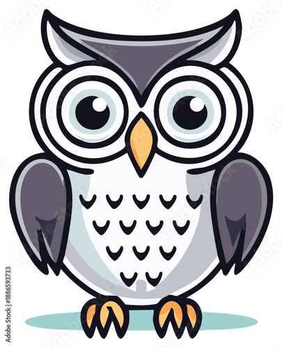 Cute cartoon owl with large eyes and speckled chest sitting calmly
