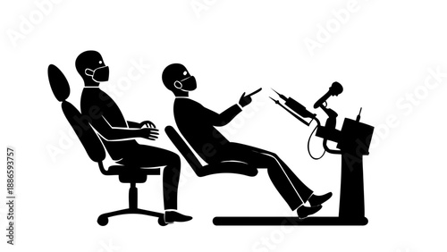 Silhouette of a dentist examining a patient in a dental chair, medical healthcare and oral hygiene concept vector.