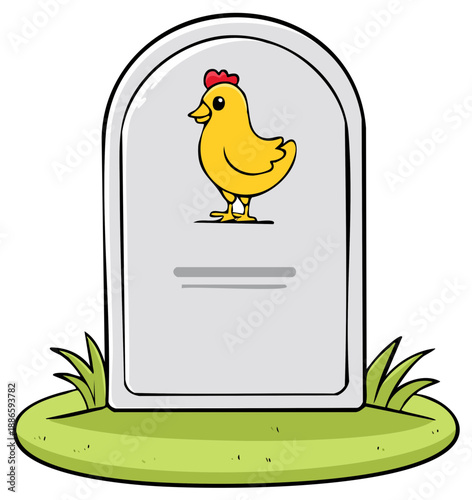 Cartoon Style Illustration of a Chicken on a Tombstone, Symbolic Representation of Death, Loss, and Mortality, with a Touch of Humor and Whimsy