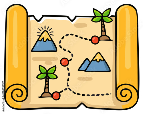 Hand drawn pirate treasure map on an old scroll showing a fantasy island adventure quest route