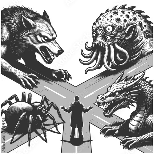 lone man standing at a crossroads, surrounded by terrifying mythical beasts ready to attack sketch engraving generative ai fictional character vector illustration. Scratch board. Black and white image