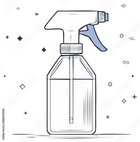Illustration of a spray bottle dispenser with liquid, outline, flat design, cleaning concept