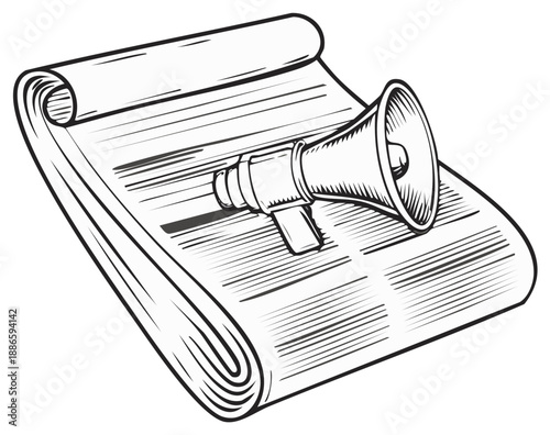 Megaphone atop a newspaper scroll representing communication and information.