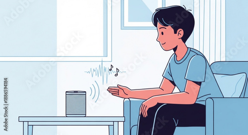 Teenager listening to music on smart speaker relaxing on sofa in living room