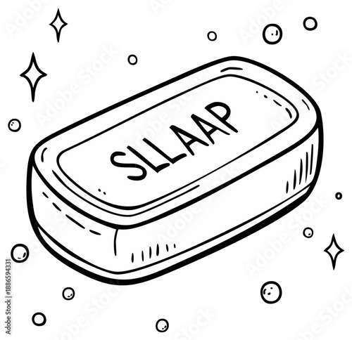 Hand drawn illustration of a bar of soap with "SLLAAP" text and bubbles